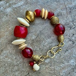 Bohemian Chic Bracelet Red Coral, African Tribal Brass Trade Red Resin Beads.